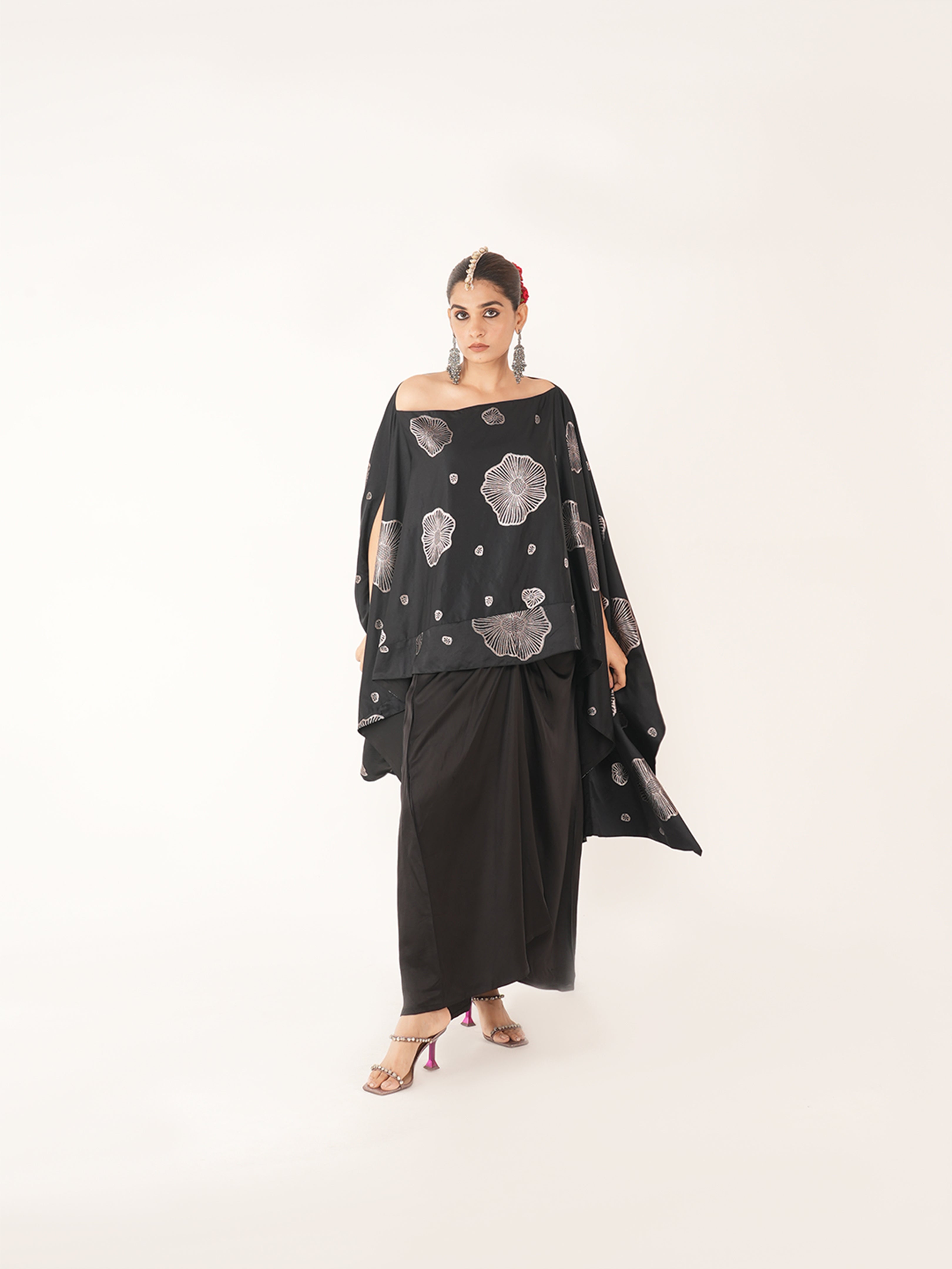 Kaizen Black Silk Coord Set With Drape Skirt