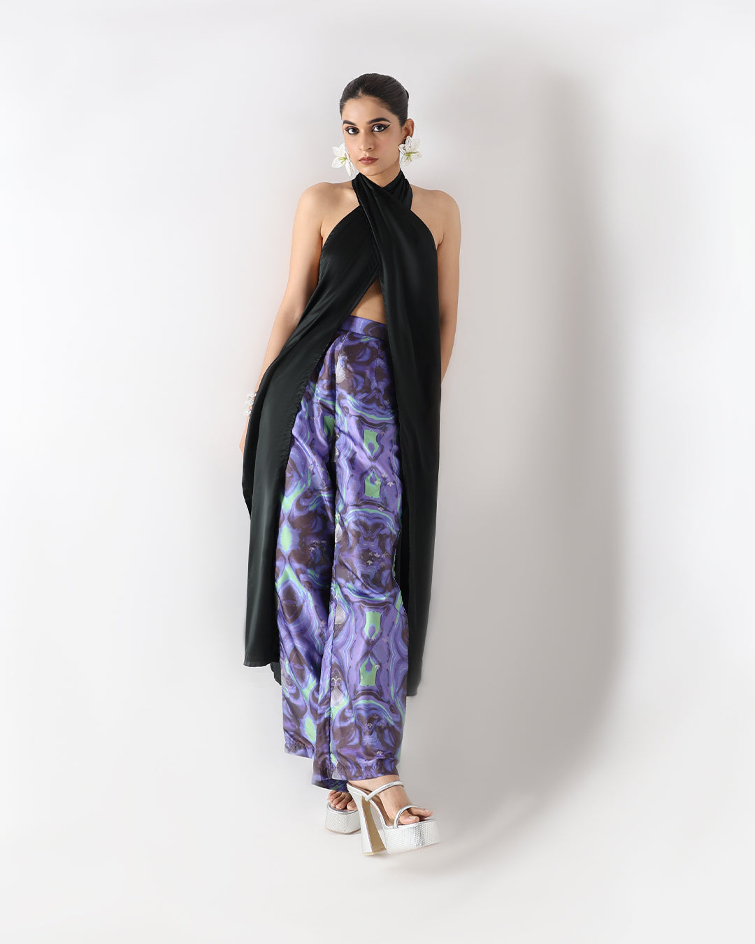 Black Long Drape Halter Silk Coord Set RTS | L |