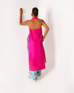 Pink Long Drape Halter Silk Coord Set