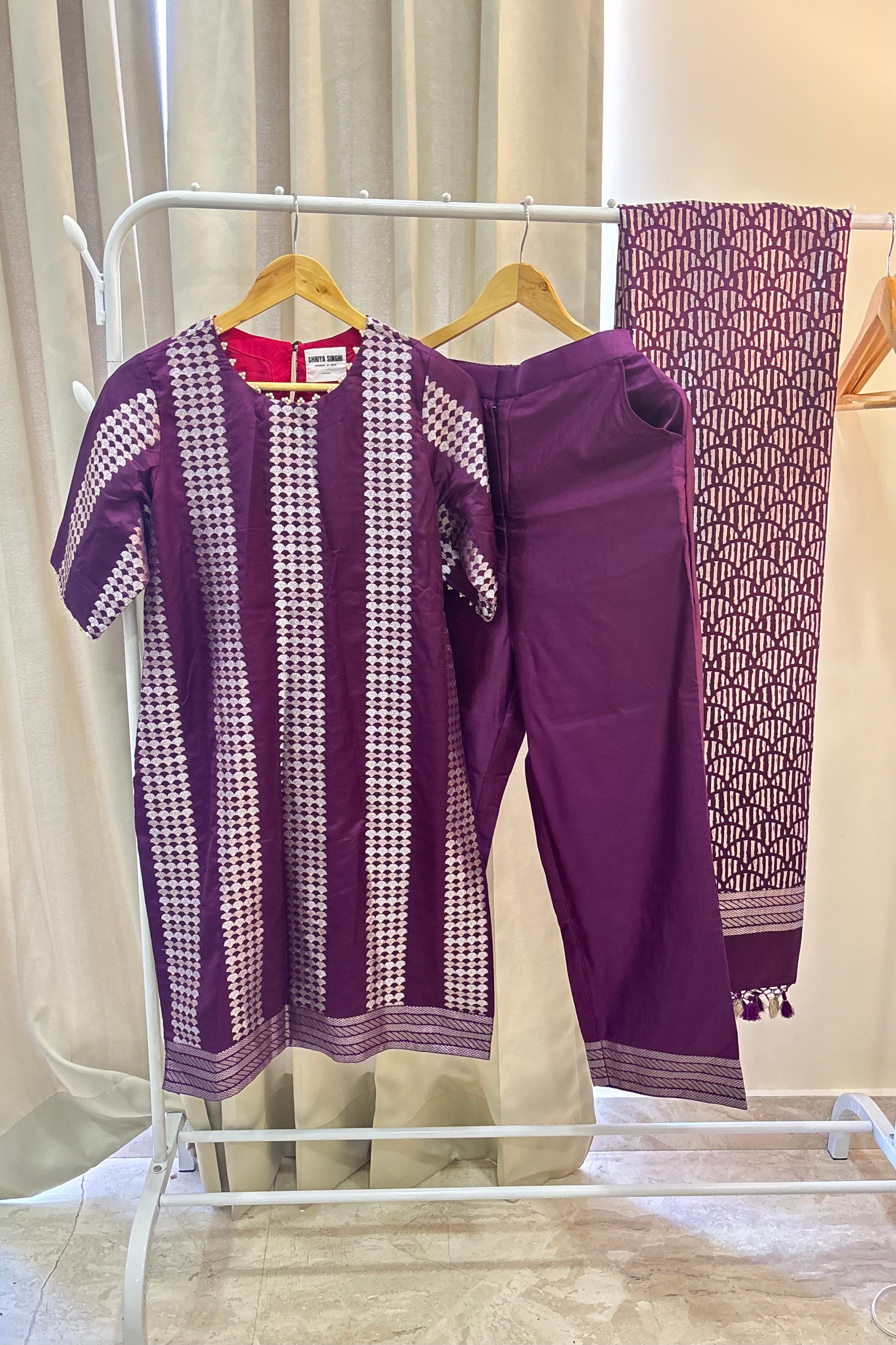 Purple Vertical Stripe Banarasi Kurta Set RTS | L |
