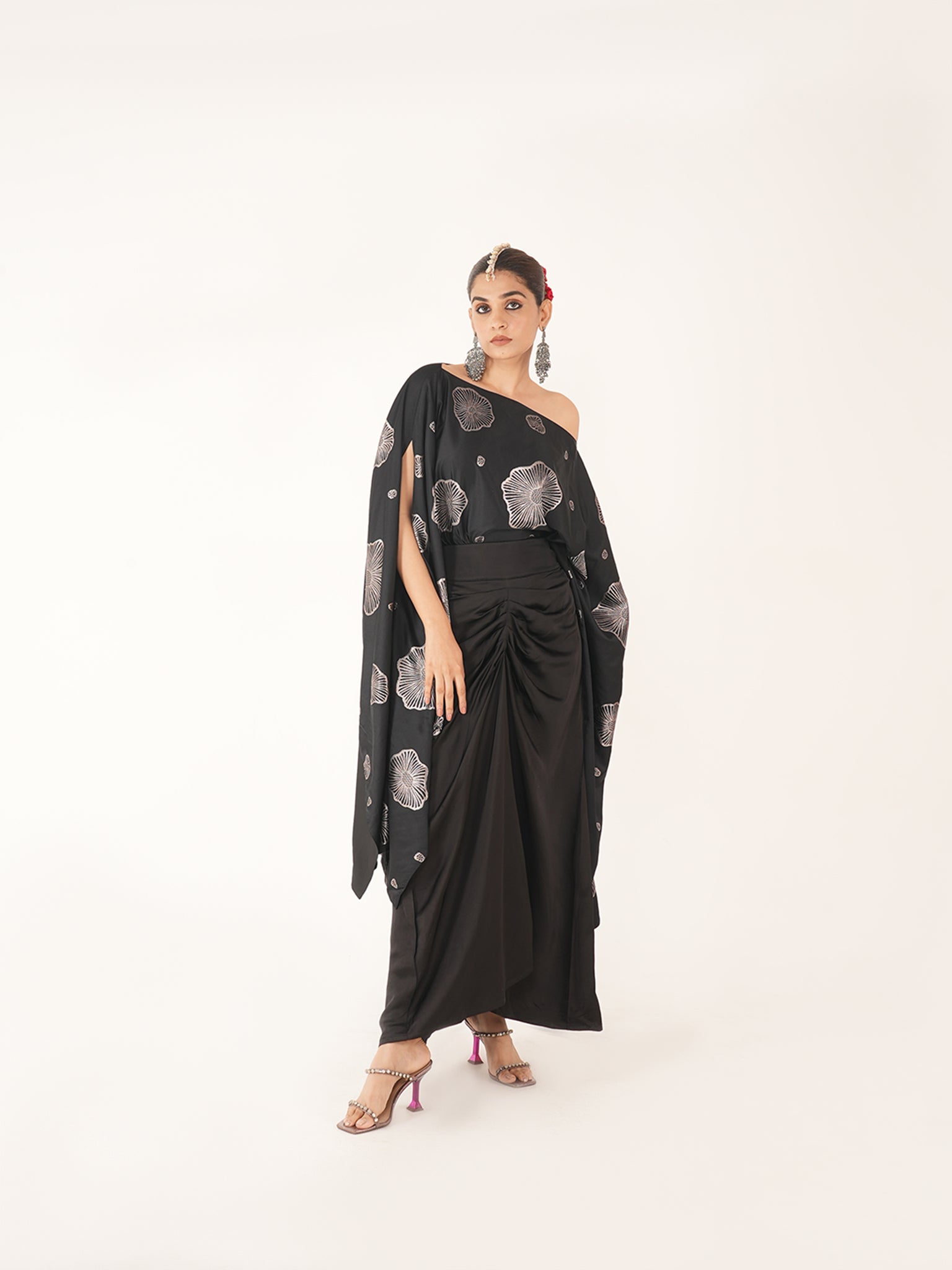 Kaizen Black Silk Coord Set With Drape Skirt