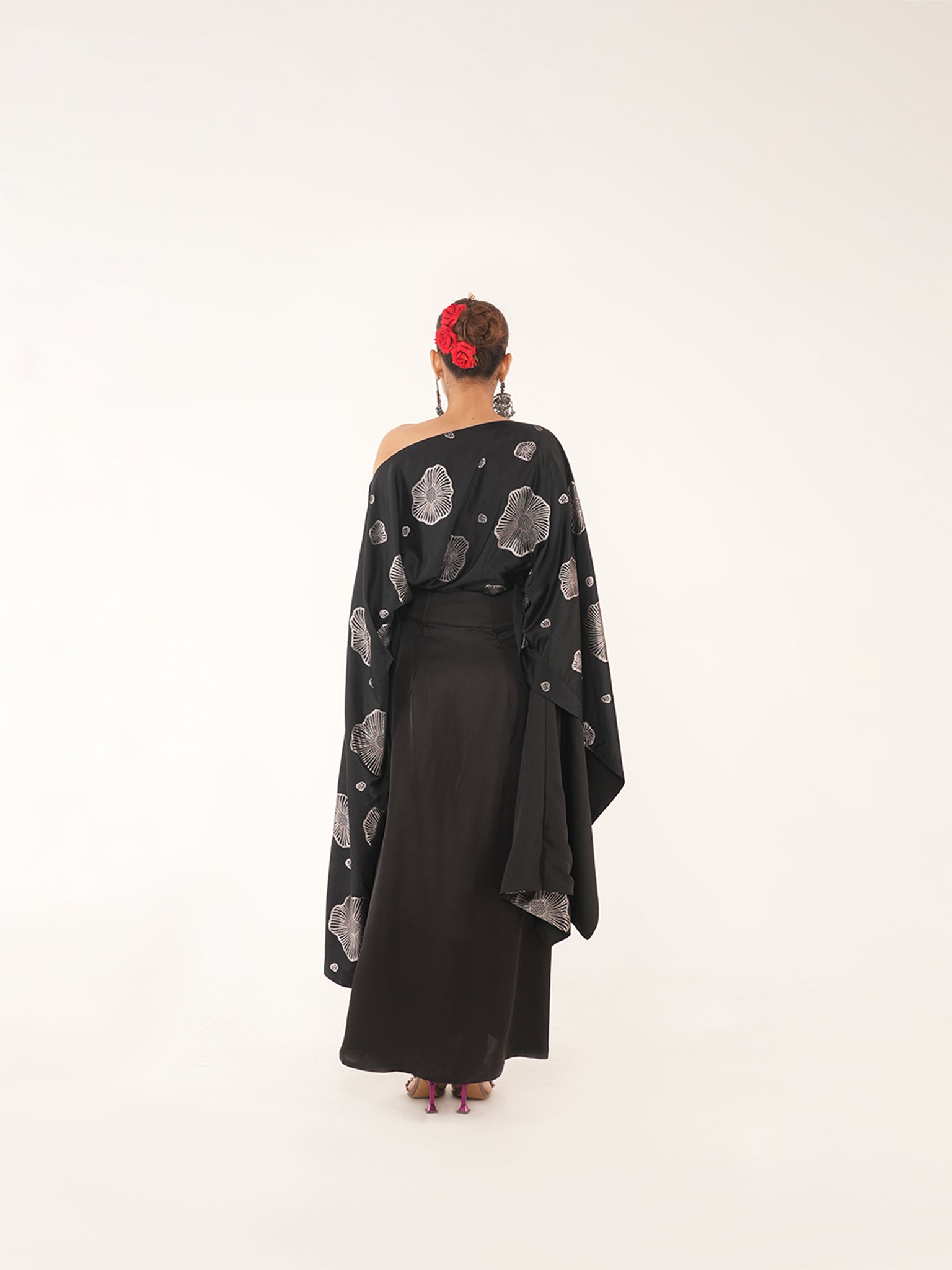 Kaizen Black Silk Coord Set With Drape Skirt