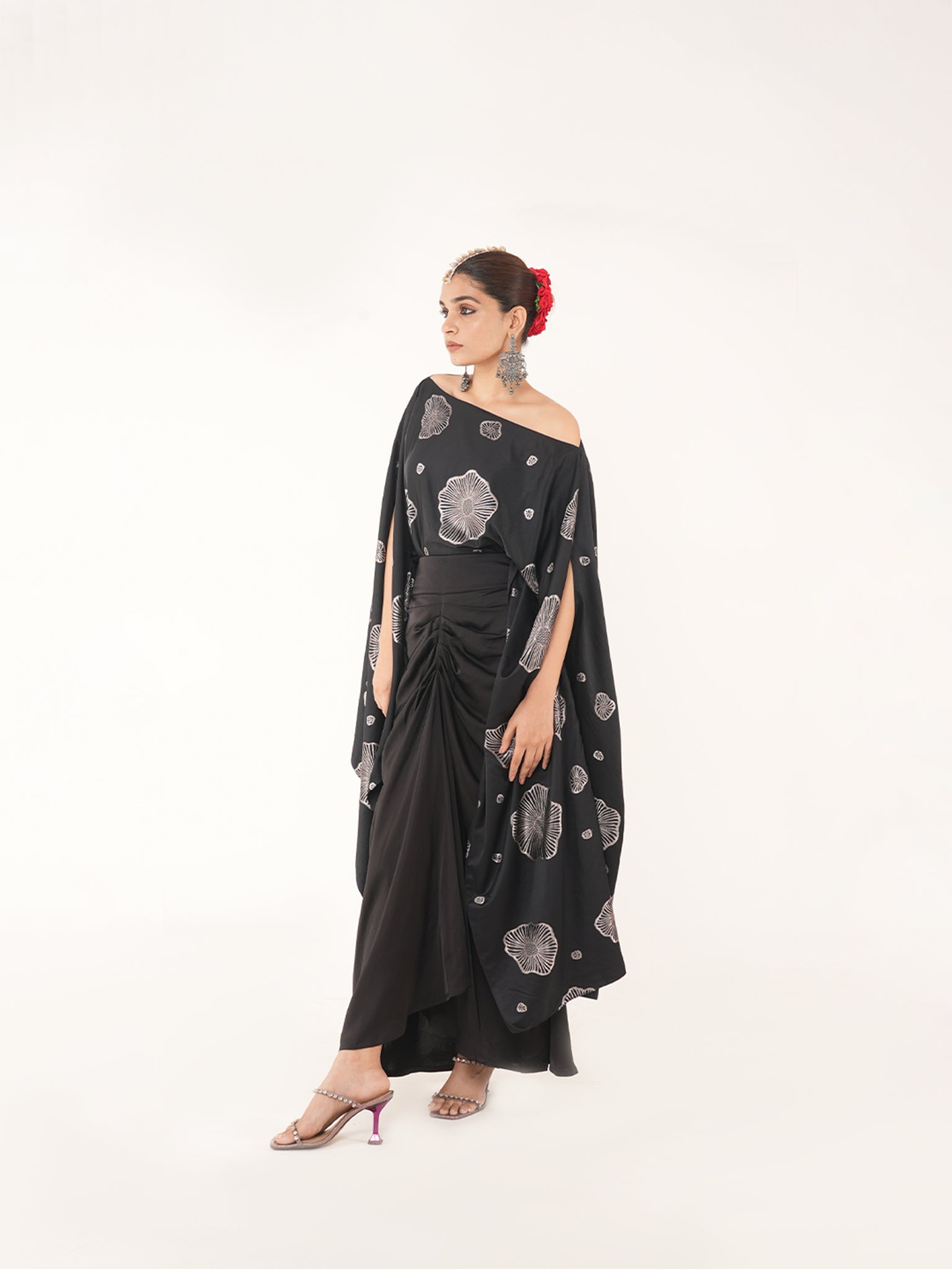 Kaizen Black Silk Coord Set With Drape Skirt