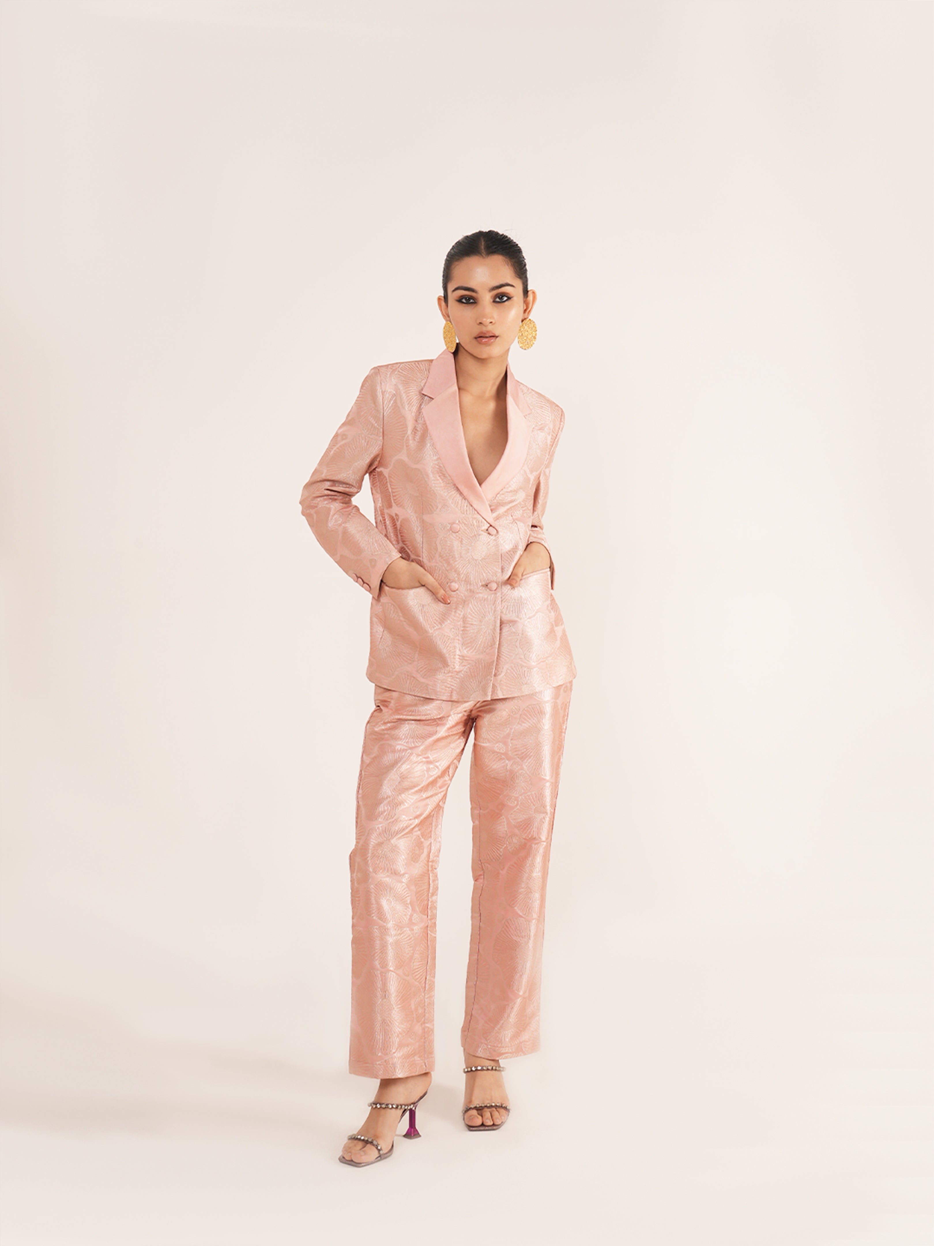 Kaizen Silk Pant Suit In Baby Pink
