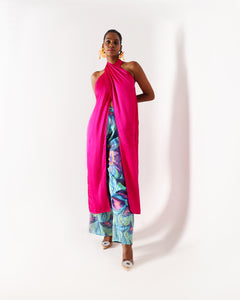 Pink Long Drape Halter Silk Coord Set