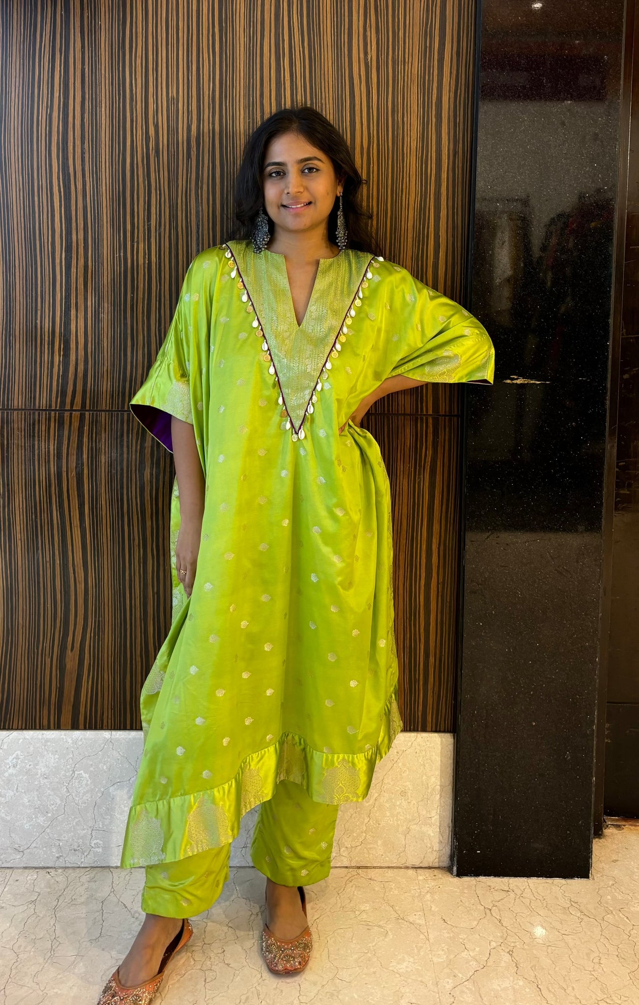 Pankhi Silk Kaftan Kurta Set In Green