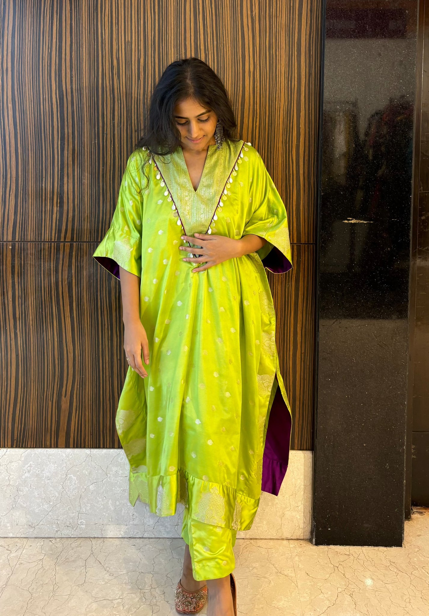 Pankhi Silk Kaftan Kurta Set In Green