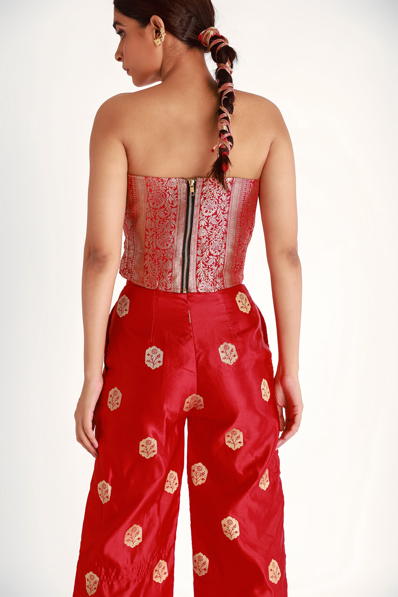 Red  Booti Corset Silk Coord Set