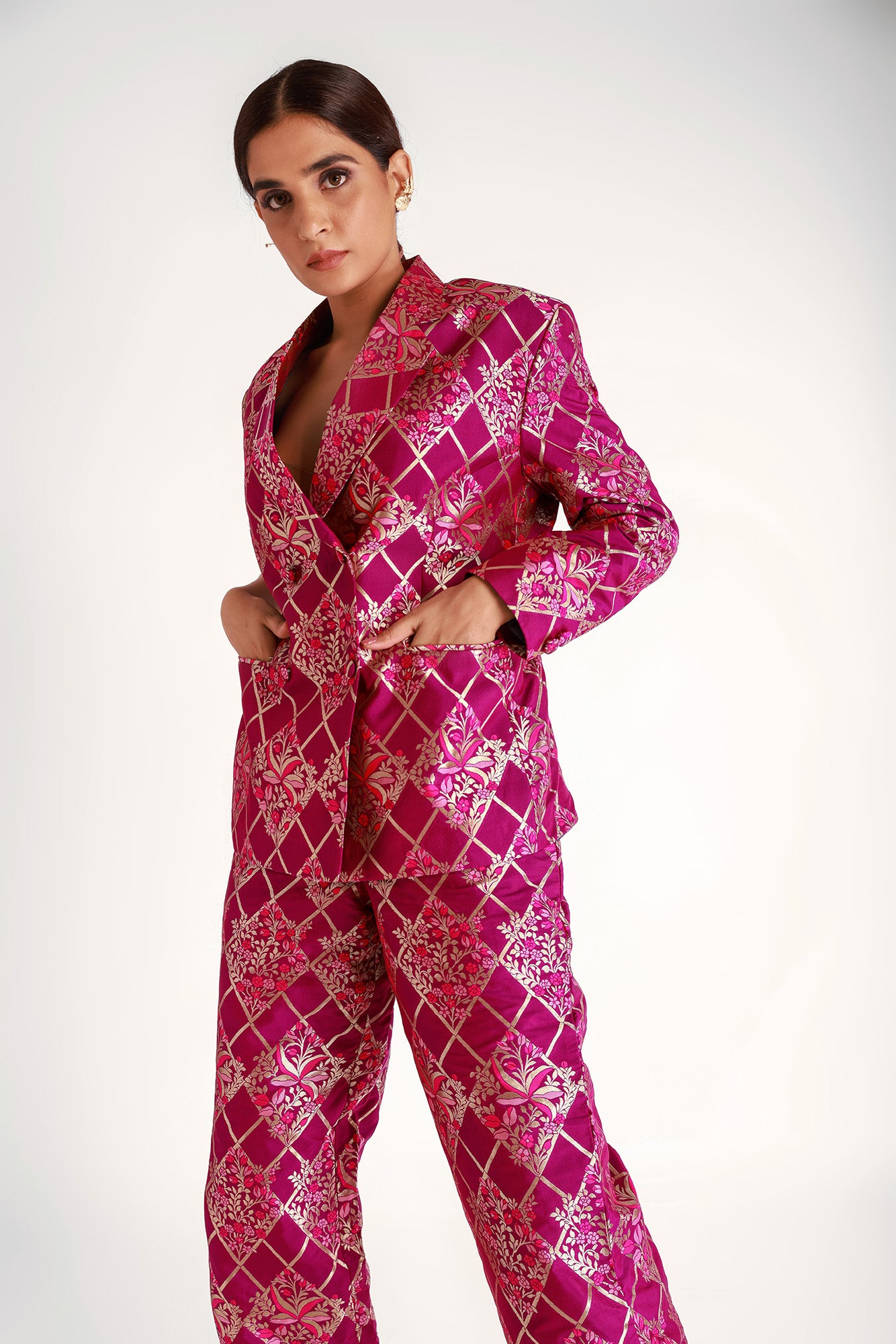 Bridgeton Pure Mashru Silk Pant Suit In Purple
