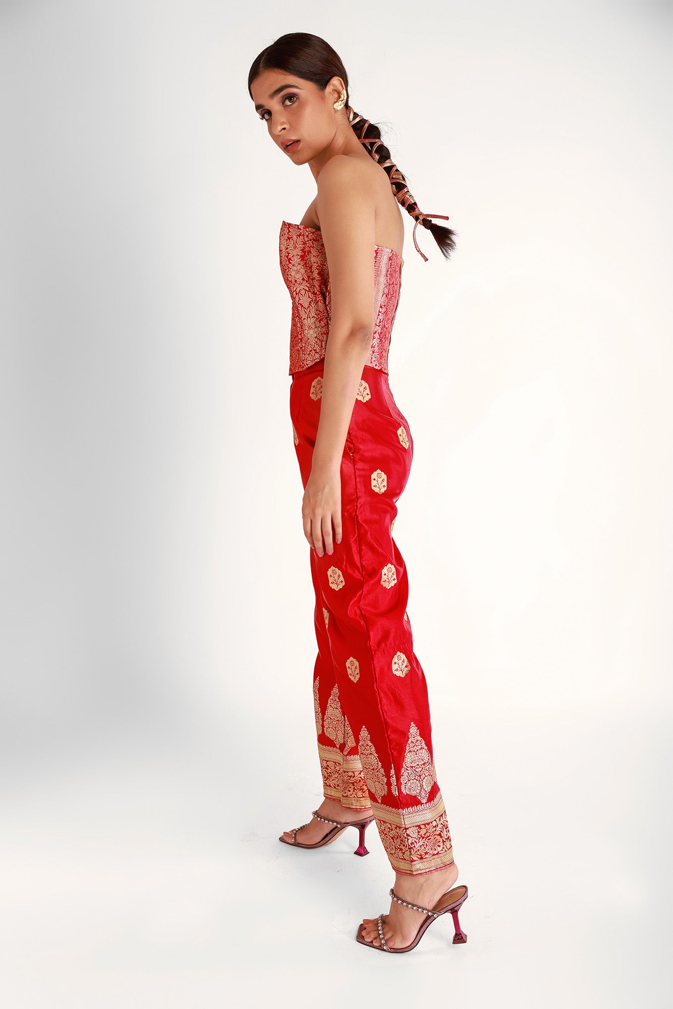 Red  Booti Corset Silk Coord Set