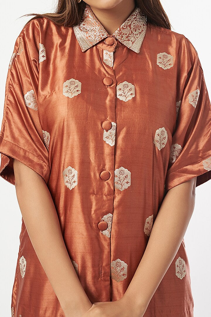 Savona Silk Shirt Dress In Rust Orange